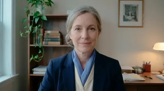 Diane Whitaker, smiling, in a navy blazer and a plain blue silk scarf